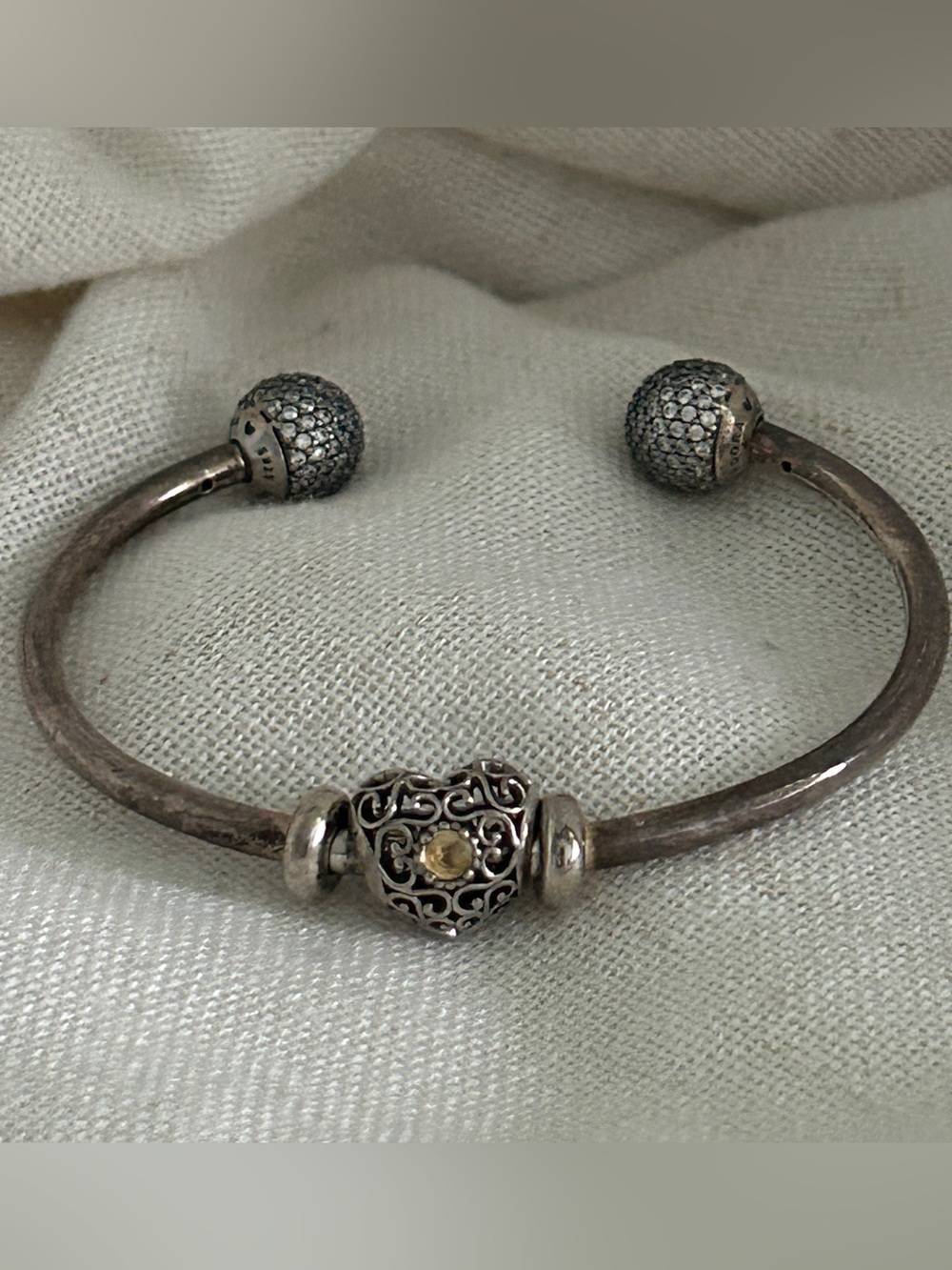 Pandora Sterling Silver open Bangle Bracelet Citrine Heart Charm pave cap Set